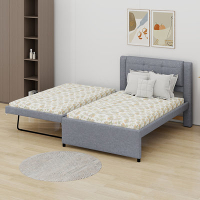 Upholstered Platform Bed with  Trundle, Flat or Erected Position for Flexible Sleeping