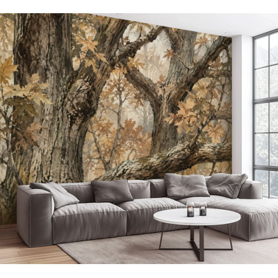 Wall Mural Peel and Stick Wallpaper Autumn Oak Tree Branches Golden Leaves Forest Setting Self-Adhesive Removable Contact Paper Wall Decor for Living Room Bedroom 100"H x 144"W