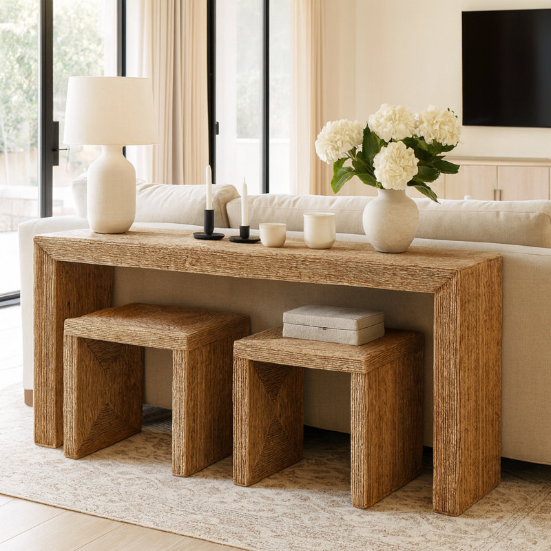 Handcrafted Acacia and Banana Woven Console Table With Side Tables For Foyer Styling - Narrow Entryway Storage And Hallway Sofa Table For Living Room - 55", Brown/Tan