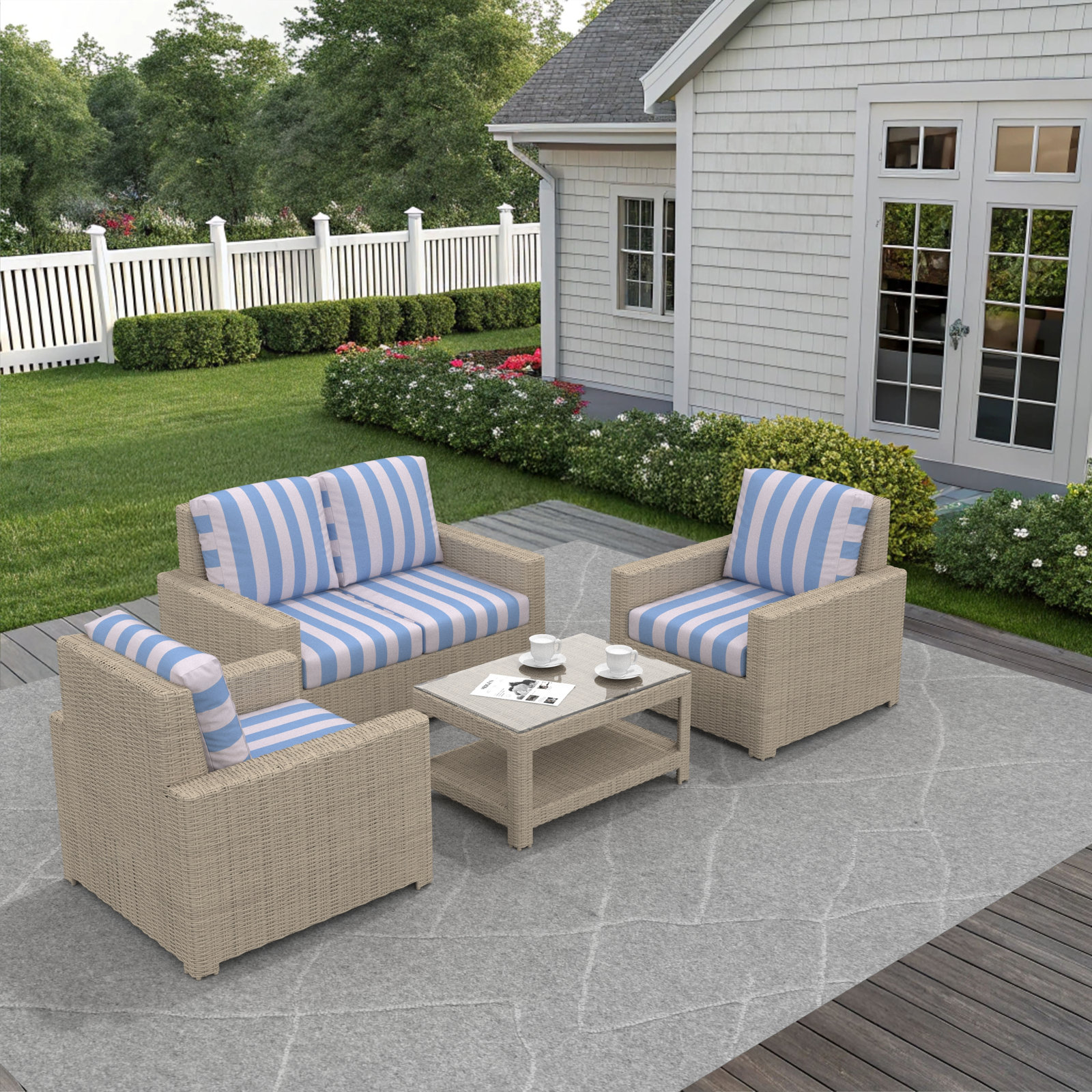 Outdoor Patio Loveseat Conversation Set With Sunbrella Cushions, Refuge Ocean