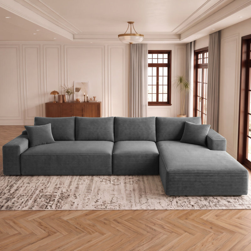 Canapé modulaire 135,4 po pour salon modulaire en L en velours côtelé rembourré à compression, Velours côtelé gris