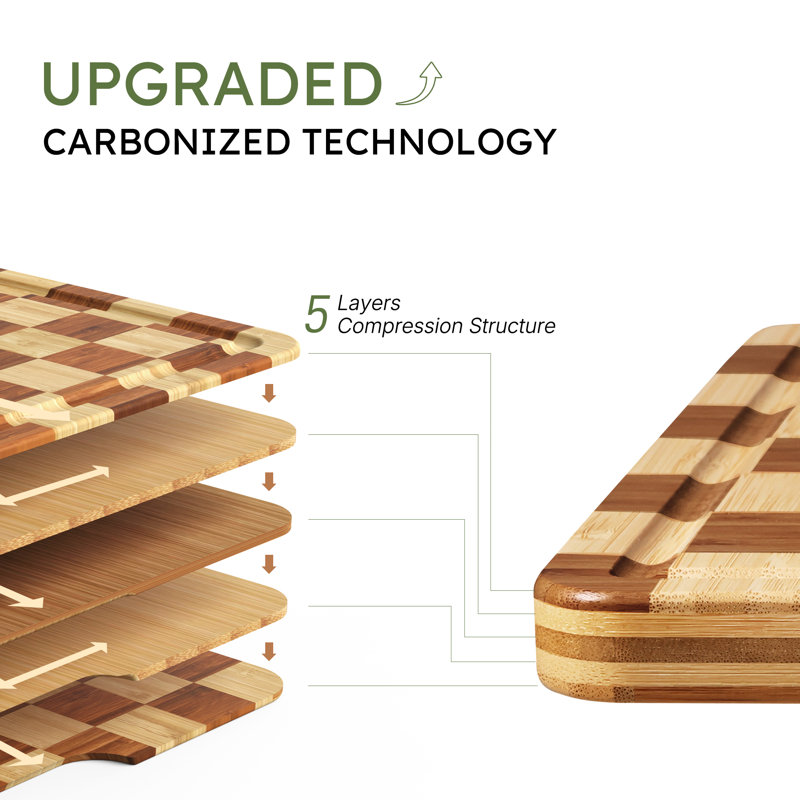 Planche à découper en bambou pour la cuisine, planche à découper en bois à damier avec rainure profonde pour le jus, planche à charcuterie non toxique, plateau de service à fromage, planche à découper épaisse en bois de bout antidérapante, grande taille (43 x 30 cm).