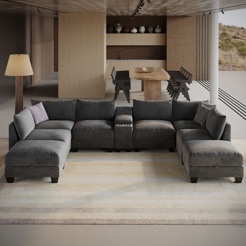 136.2'' U-Shaped Sectional Sofa, 8-Seater Modular Couch, Comfy Living Room Cloud Sofa With Ottoman And Console