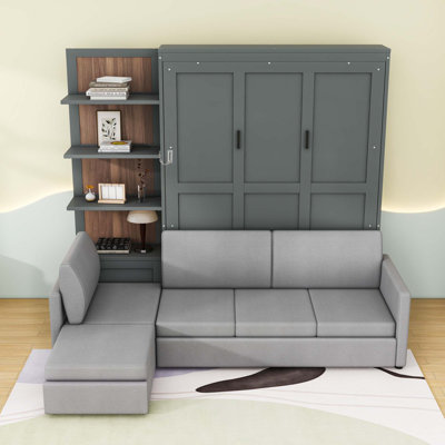 Queen Wood Murphy Bed with Sofa and Shelves by Red Barrel Studio