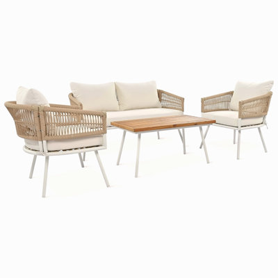 4-Piece Boho Rope Patio Furniture Set, Outdoor Furniture With , Patio Conversation Set With Deep Seating & Thick Cushion For Backyard Porch Balcony