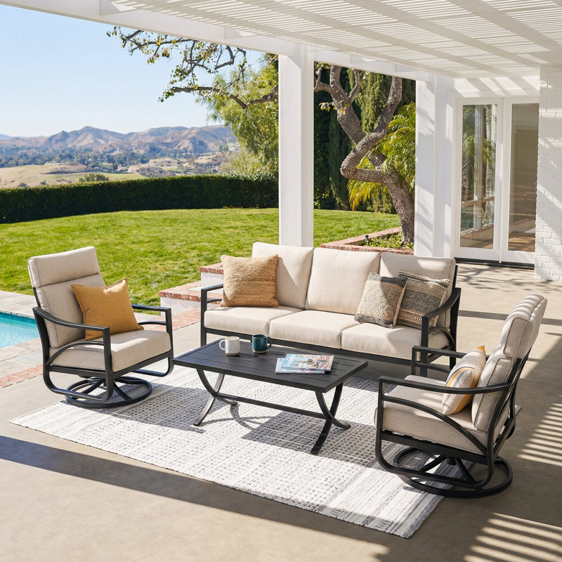 4-Piece Sofa Set with Thick Padded Zippered Cushions, Beige, Beige