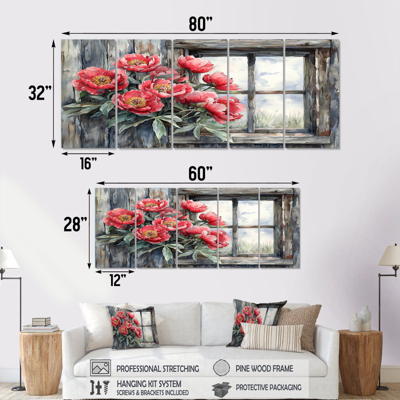 Pivoines à la fenêtre de la grange, H 28 po x l 60 po, 5