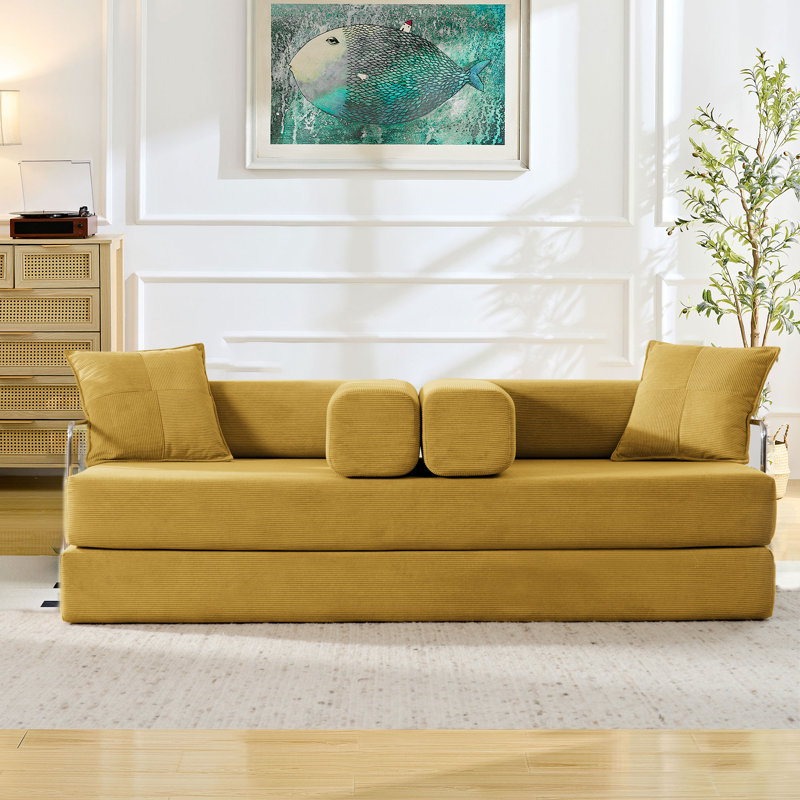 76.77" Convertible Floor Compression Sofa Bed, 3-Seat Chenille Futon Couch with Pillow Back Support & Armrest, Foam Frameless Sleeper Sofa for Living Room Bedroom, LIGHT GREY