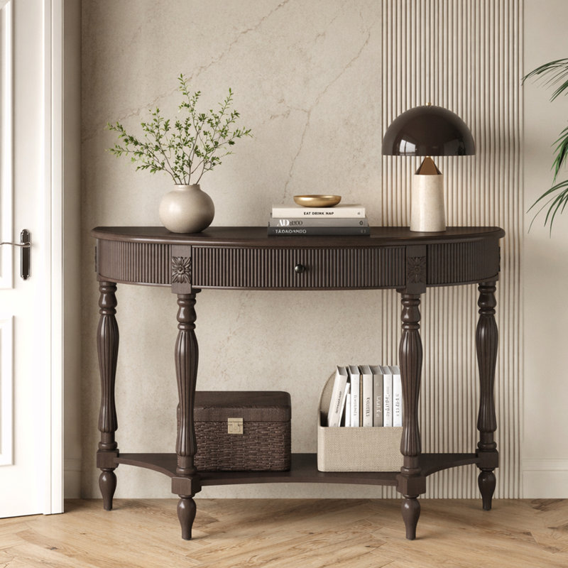 Console demi-lune avec tiroir et tablette, Brun rustique profond