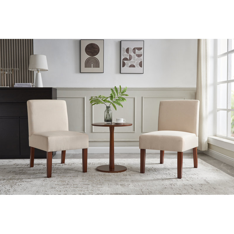 Accent Chair with Round Wood Table, Beige Linen