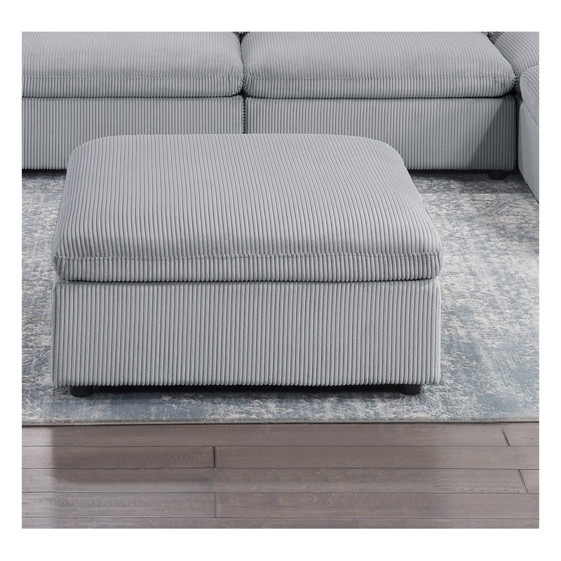 Repose-pieds contemporain en velours côtelé gris clair avec pieds en bois