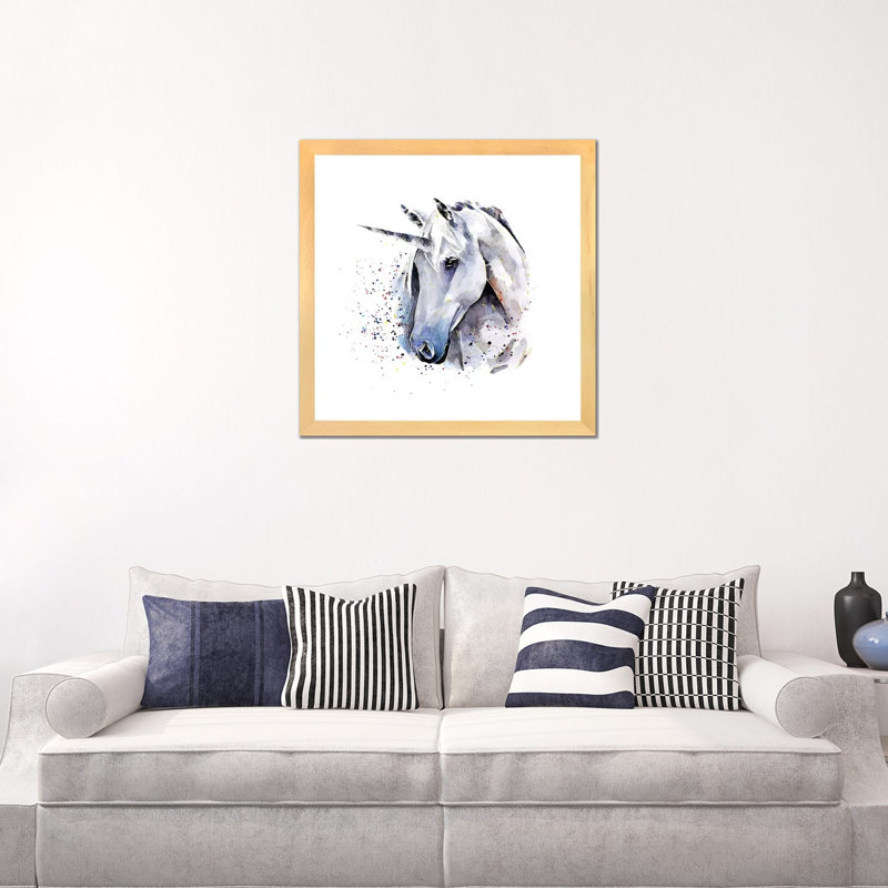 Licorne par Edwatercolours-impression, Blanc, Toile avec cadre en bois beige, H 24 po x l 24 po x p 1 po