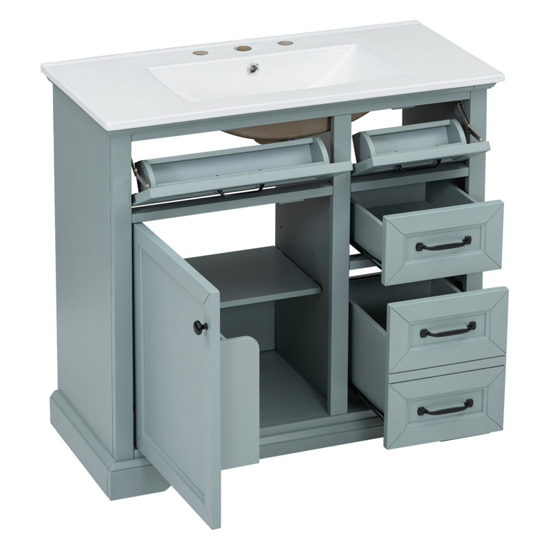 Meuble-lavabo avec lavabo en céramique et 2 tiroirs, meuble-lavabo moderne avec rangement, Gris