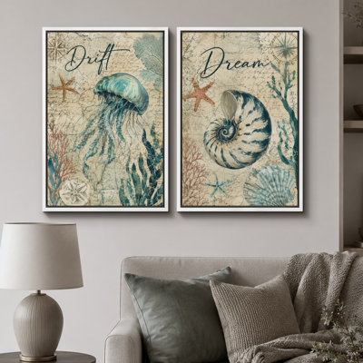 Coastal Jellyfish and Seashell Artwork, Bathroom Pictures, Framed Canvas Giclee Print 2 Pieces Wall Art