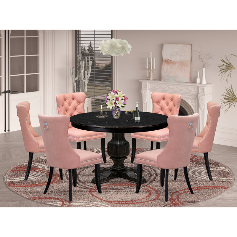 Ensemble de salle à manger 7 pièces composé d'une table ronde de 48 po avec piédestal et de 6 chaises rembourrées en tissu de polyester rouge beige, noir sablé