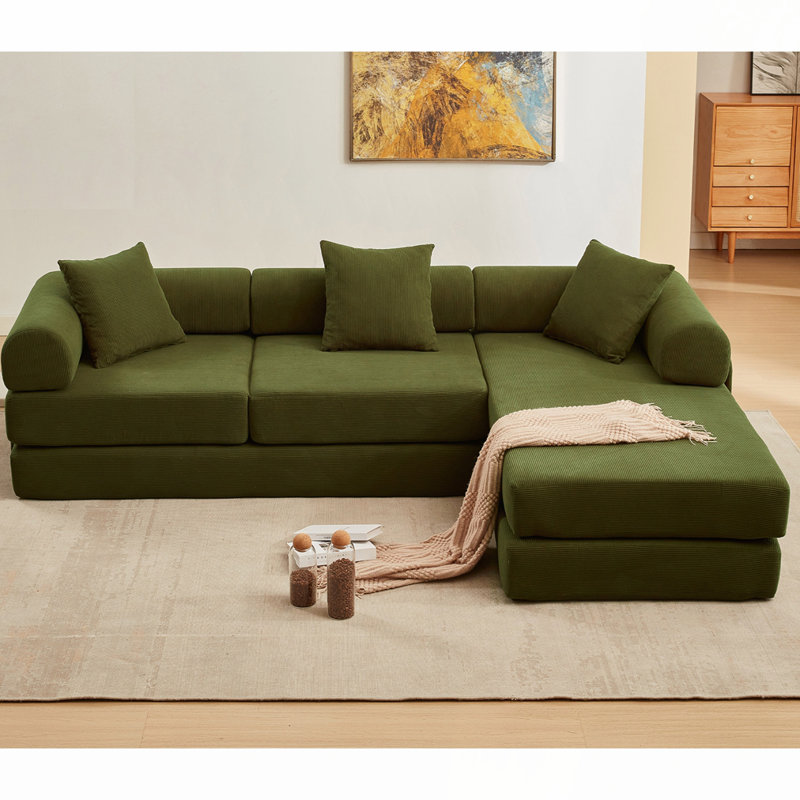 Modular Corduroy 3-Seat Sofa L Shaped Couch With Foldable Doublelayered Seat Cushion For Apartment-Compression Sofa In Box