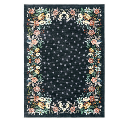 Tapis à motifs floraux – Tapis lavable à poils courts – Dos antidérapant – Idéal pour le salon, la chambre et la salle à manger – Décoration intérieure moderne