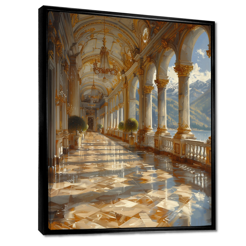 Or gris, été, Renaissance française, château, art mural, Toile avec cadre flottant noir, H 44 po x l 34 po x P 1,5 po