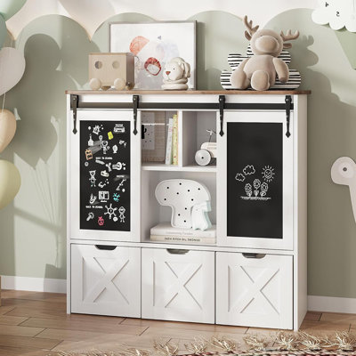 Rangement pour jouets avec tableau noir coulissant