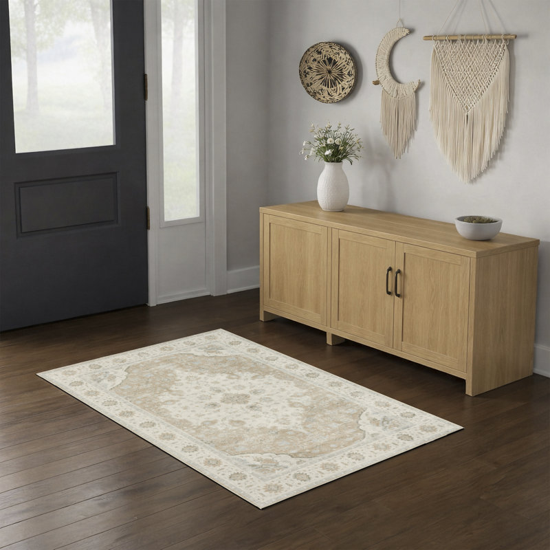Machine Washable Vintage Oriental Area Rug Non-Slip Backing Beige/Sage Green/Taupe Indoor Carpet for Living Room, Bedroom