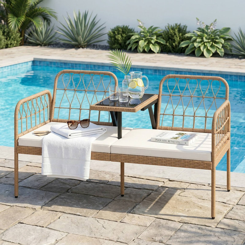 Causeuse d'extérieur en rotin PE à 2 places résistante aux intempéries avec table basse intégrée et coussins rembourrés pour une utilisation en terrasse