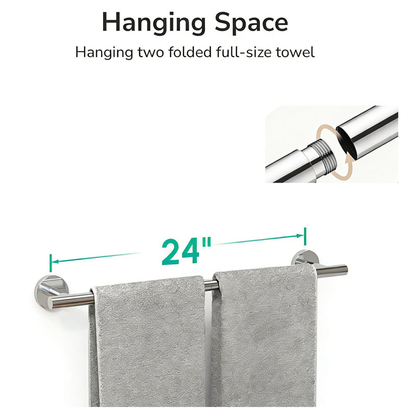 Porte-serviettes de salle de bain mural de 24 pouces, porte-serviettes en acier inoxydable épaissi SUS304, Chrome poli