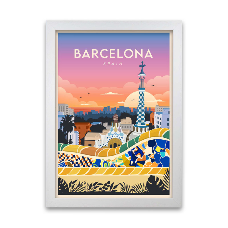 Barcelona Travel by Pryzm Posters - Print, 33cm H x 24cm W x 5cm D, White Framed