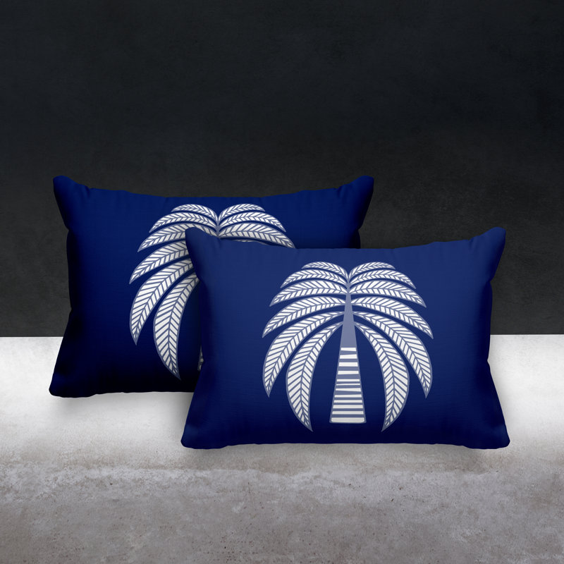 Floral Outdoor Reversible Throw Pillow, Navy Blue