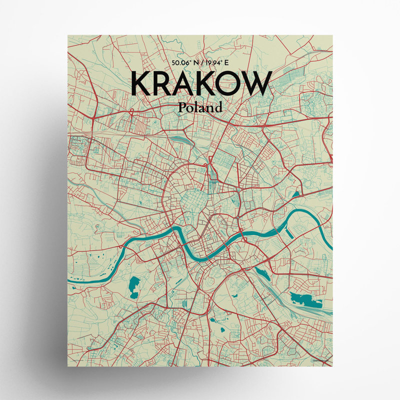 «Krakow City Map», impression de luxe, Vert / beige, H 20 po x l 16 po