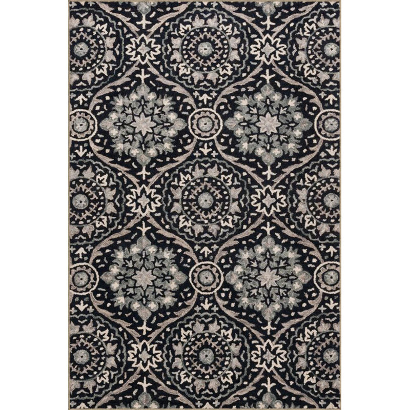 Black Floral Woven Base Washable Carpet, Rectangle 5'2" x 7'7"