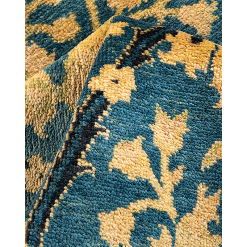 Tapis unique en laine noué à la main nouvel âge de 5 pi x 7 pi 10 po Kendarion en bleu sarcelle / noir / brun clair