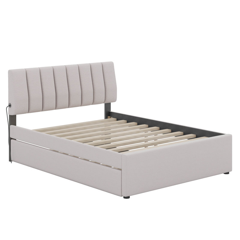 Teddy Fleece Full Size Upholstered Platform Bed with Trundle, Beige