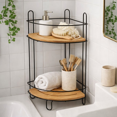 Tour de rangement en coin en bambou avec 2 tablettes