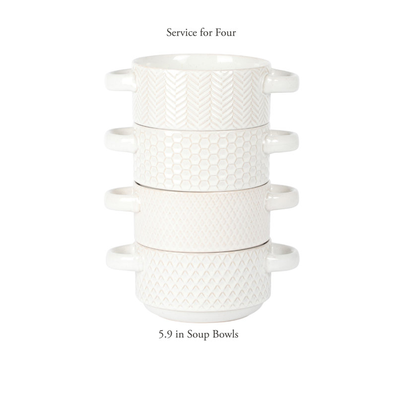 Bols à soupe Gibson Elite Oyster Tide en relief avec poignées. Ensemble de 4 bocaux à soupe French Oignon, bol à soupe empilable, chili, ragoût de bœuf, bol en céramique empilable, émail réactif, blanc