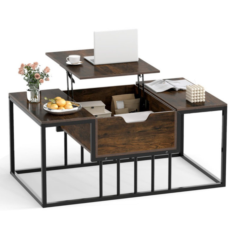 Table basse à plateau relevable avec centre de rangement caché, Brun / Noir, Bois