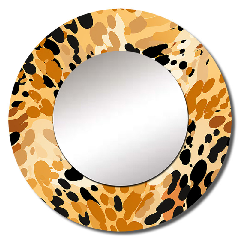 Orange et noir imprimé léopard aventure - miroir imprimé animal, miroir mural rond unique moderne, art imprimé en métal