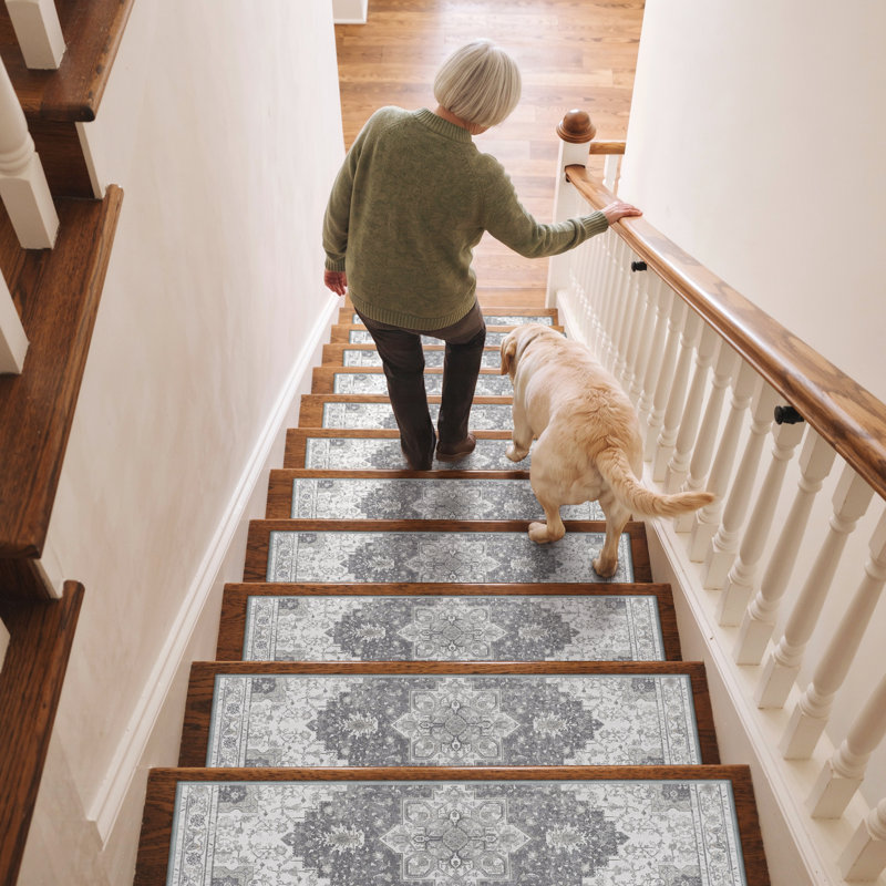 Tapis d'escalier rétro antidérapant rétro avec pattes en bois, Gris, Tapis de couloir 2 pi 6 po x 8 pi, 15