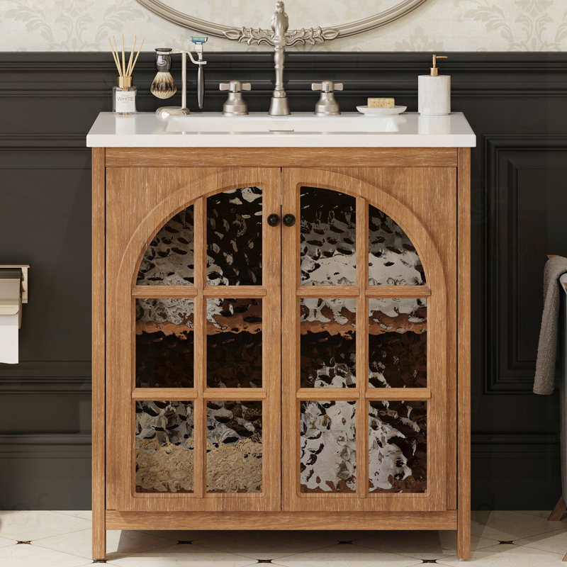 Meuble-lavabo vintage 31 po avec lavabo en céramique, poignées en bronze et verre trempé, naturel antique, Naturel antique