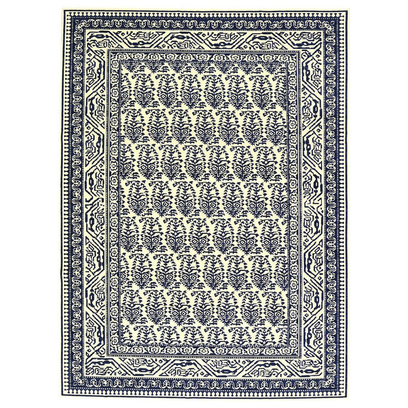 Tapis bleu / crème / bleu marine en laine tissé à la machine 9 pi x 11 pi 10 po Boteh