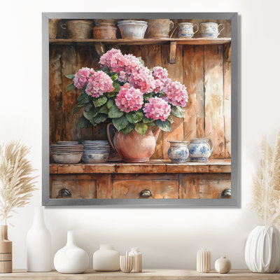 Hortensias à la ferme dans un vase en poterie IV - hydrangées, art mural