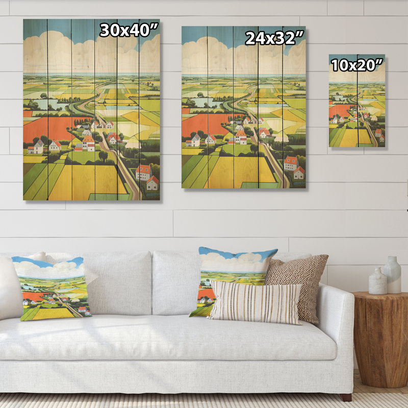 «De Stijl Farm Landscape - Countryside Wood», art mural sur bois de pin naturel, H 40 po x l 30 po