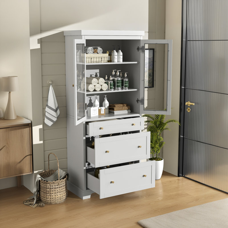 Armoire de salle de bain haute autoportante moderne de 70,1 po de hauteur avec 2 tablettes réglables, 3 tiroirs, portes en verre à fermeture en douceur - idéale pour la salle de bain, le salon et la cuisine