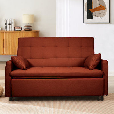 2 - In 1 Convertible 61 Inch Bed With Iron Reinforced Structure, Storage On Both Sides, Adjustable , Red Linen Upholstery, Memory Foam Cushions For Bedroom, Apartment, Game Room, Frame, Pockets, And