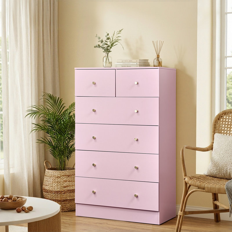 Grande armoire de rangement à 6 tiroirs avec rangement en bois robuste pour garde-robe, Rose