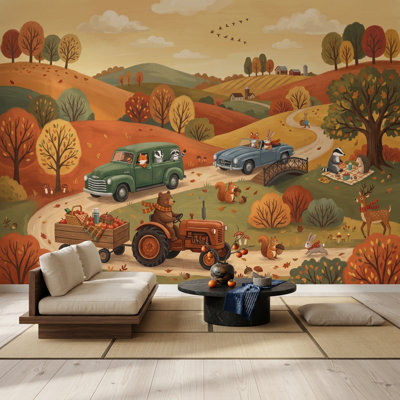 Papier peint paysage d'automne, Rolling Hills, animaux des bois