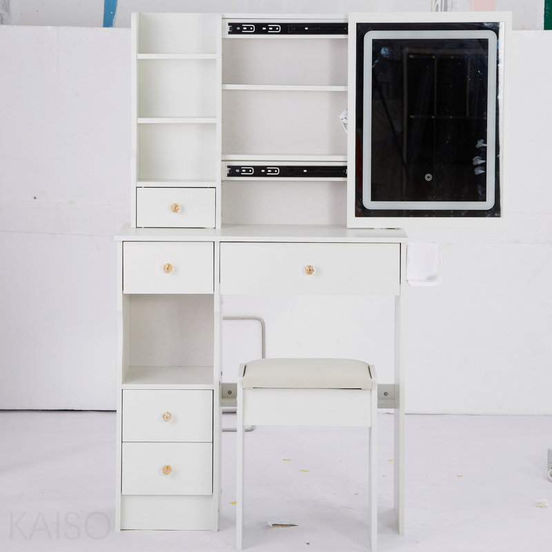 Petit meuble-lavabo de 29,2 po avec tiroir de gauche et tabouret rembourré, 2 blocs d'alimentation AC + 2 USB, support pour sèche-cheveux, très grand miroir coulissant à commande tactile, changement de luminosité tricolore, réglage de la luminosité