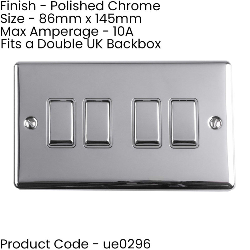 2 PACK 4 Gang Metal Quad Light Switch POLISHED CHROME 2 Way 10A White Trim, Silver/Grey, Polished Chrome