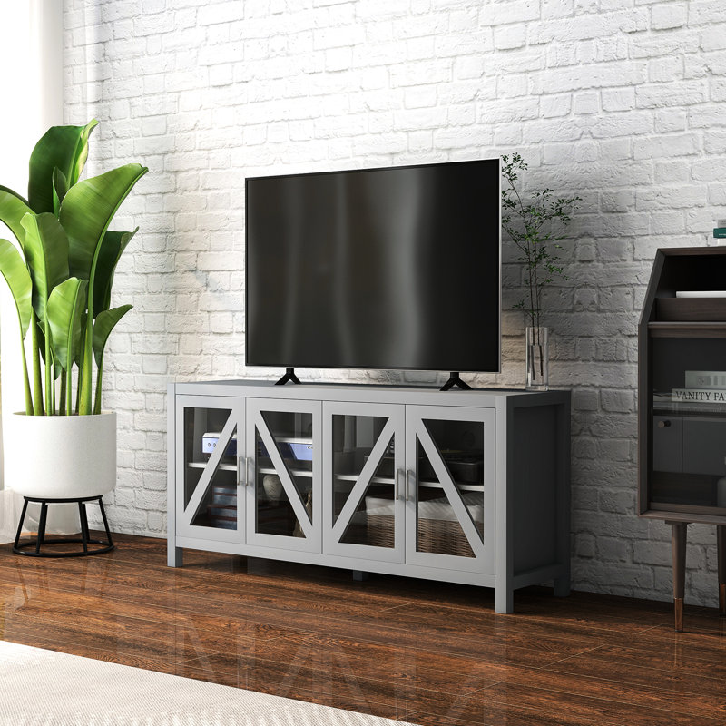 Meuble télé pour téléviseur de 58 po gris avec 4 portes vitrées et tablettes intérieures réglables