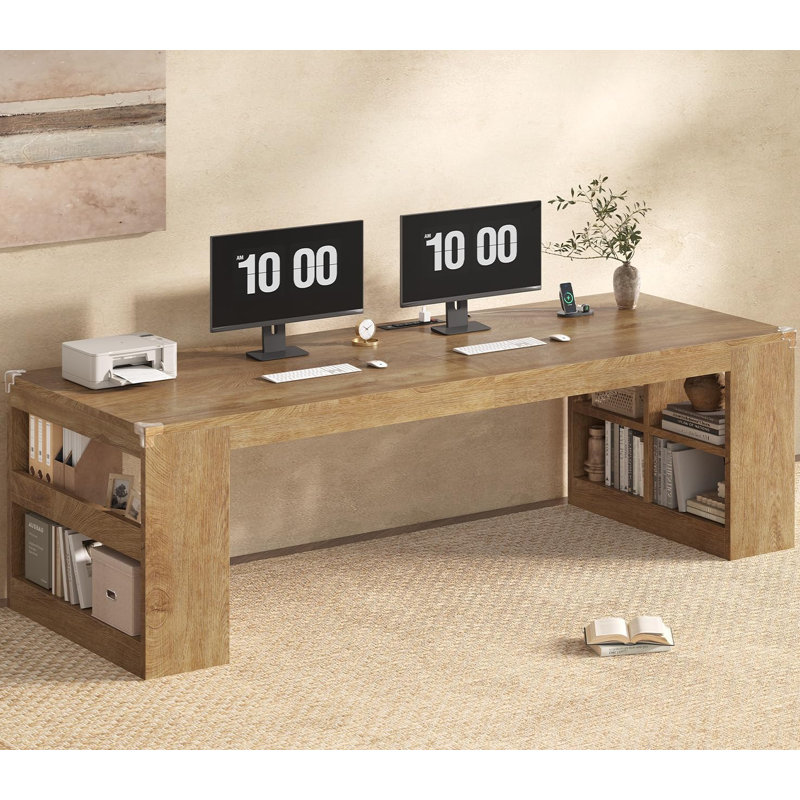 Bureau pour 2 personnes, bureau d'ordinateur 86,6 po avec tablettes de rangement, chêne