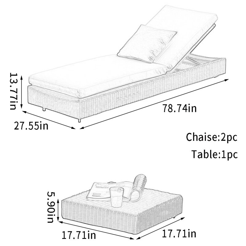 Outdoor Folding Lounge Chair With Aluminum Alloy Outdoor Chaise Lounge Set with Table , Cushion Included